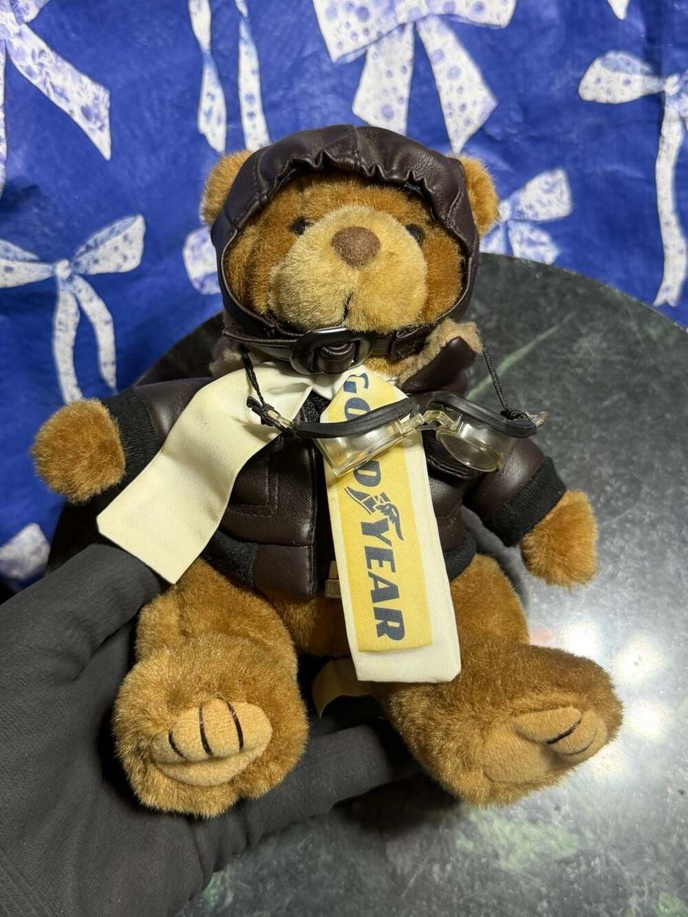 Vintage Goodyear Aviator Teddy Bear Plush with Leather Jacket and Goggles